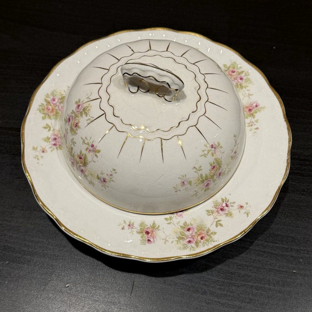 Theo Haviland Butter Dish w Insert Schleiger Pink Roses Limoges Crazing RARE HTF